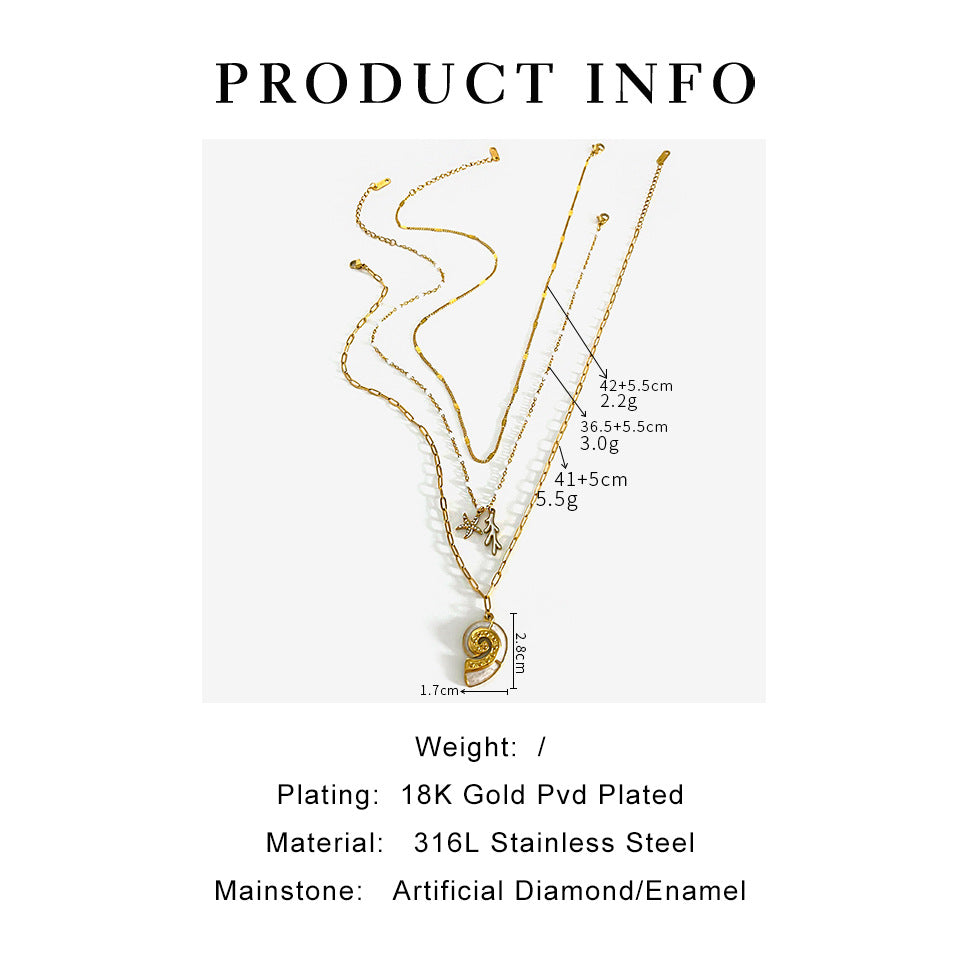 Jewelry Marine Style Beach Starfish Conch 316L Stainless Steel  18K Gold Plated Pendant Necklace