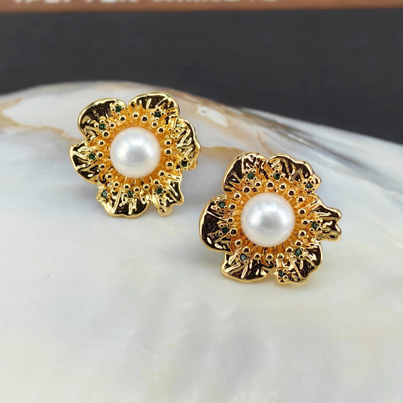 Vintage Flower Pearl Stud Earrings with S925 Posts