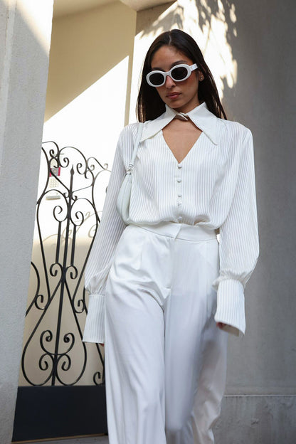 Women's Blouse Long Sleeve Blouses Hollow Out Elegant Stripe