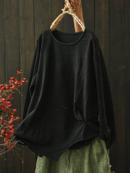 Women Autumn Retro Pure Color Cotton Blouse