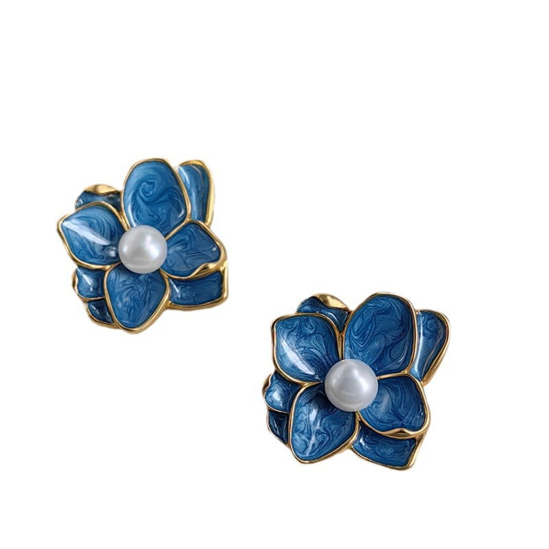 Vintage Enamel Flower Drop Earrings with S925 Posts