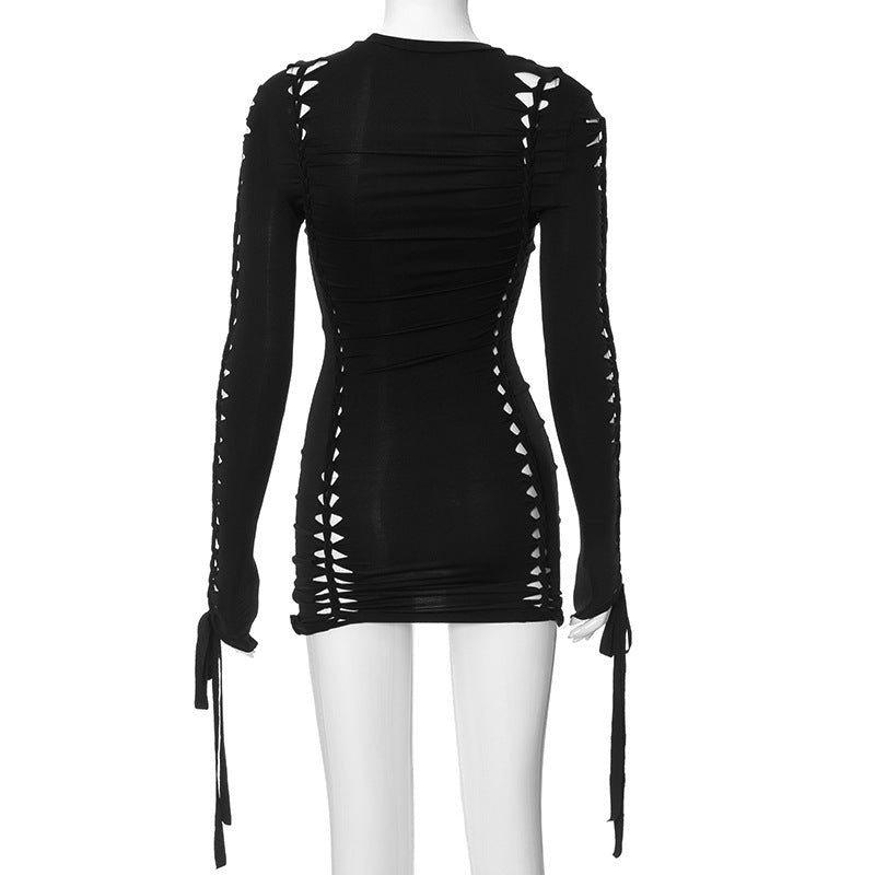 Women's Hip skirt Streetwear Round Neck Long Sleeve Solid Color Above Knee Holiday
