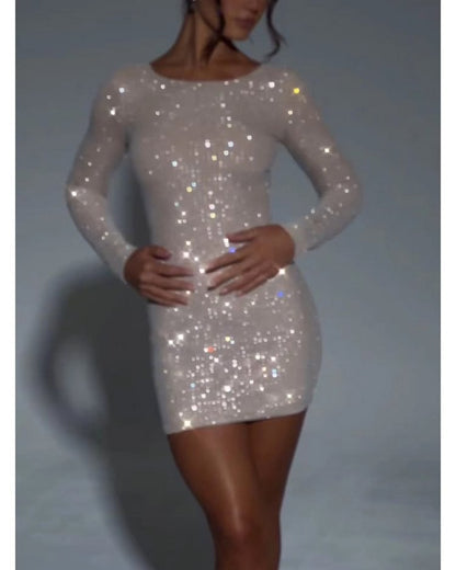 Women's Party Dress Elegant Round Neck Sequins Long Sleeve Grid Maxi Long Dress Banquet