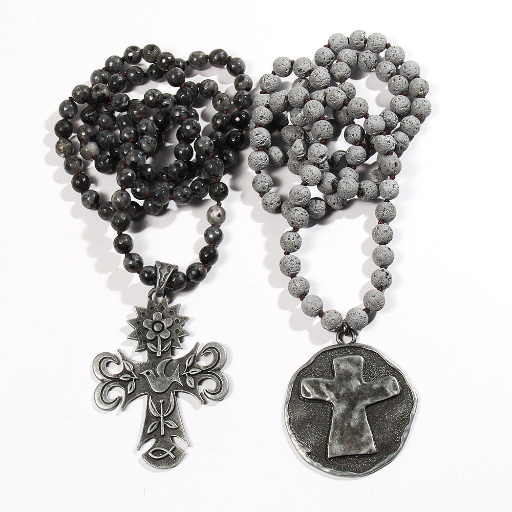 Retro Ethnic Style Geometric Cross Semi-precious stone Alloy Beaded Chain Pendant Necklace Long Necklace In Bulk Natural stone necklace