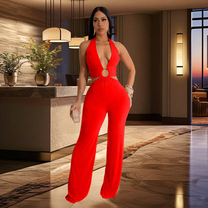 Women's Holiday Banquet Sexy Solid Color Full Length Jumpsuits