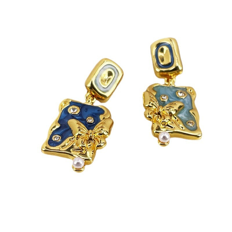 Asymmetric Enamel Butterfly Stud Earrings with S925 Posts