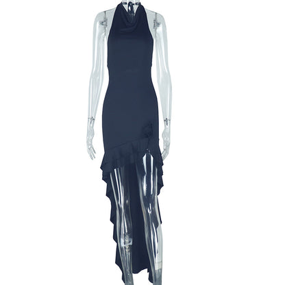 Women's Sheath Dress Elegant Sexy Halter Neck Pleated Sleeveless Solid Color Asymmetrical Dress Banquet