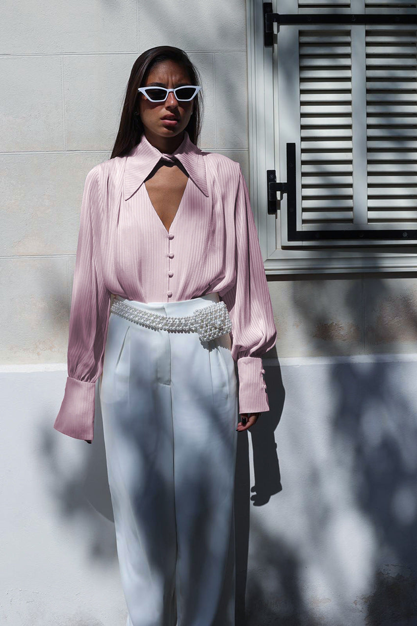 Women's Blouse Long Sleeve Blouses Hollow Out Elegant Stripe