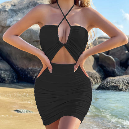 Women's Sheath Dress Sexy Halter Neck Sleeveless Solid Color Knee-Length Beach
