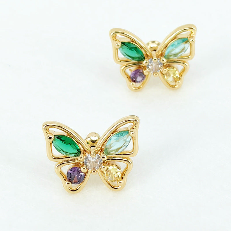 Colorful Zircon Butterfly Stud Earrings with S925 Posts