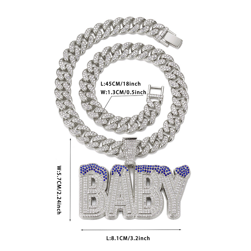 Cross-Border Hot Selling Men's Street Colorful Crystals English Letter Baby Pendant Rapper Hip Hop Cool Cuban Link Chain