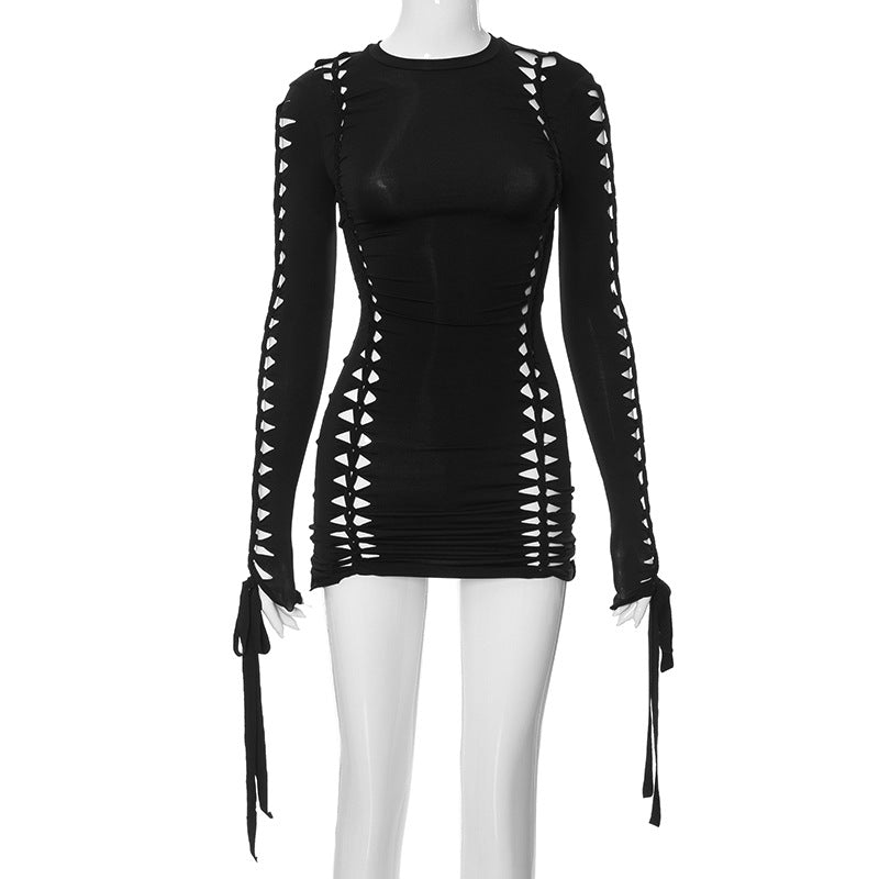 Women's Hip skirt Streetwear Round Neck Long Sleeve Solid Color Above Knee Holiday
