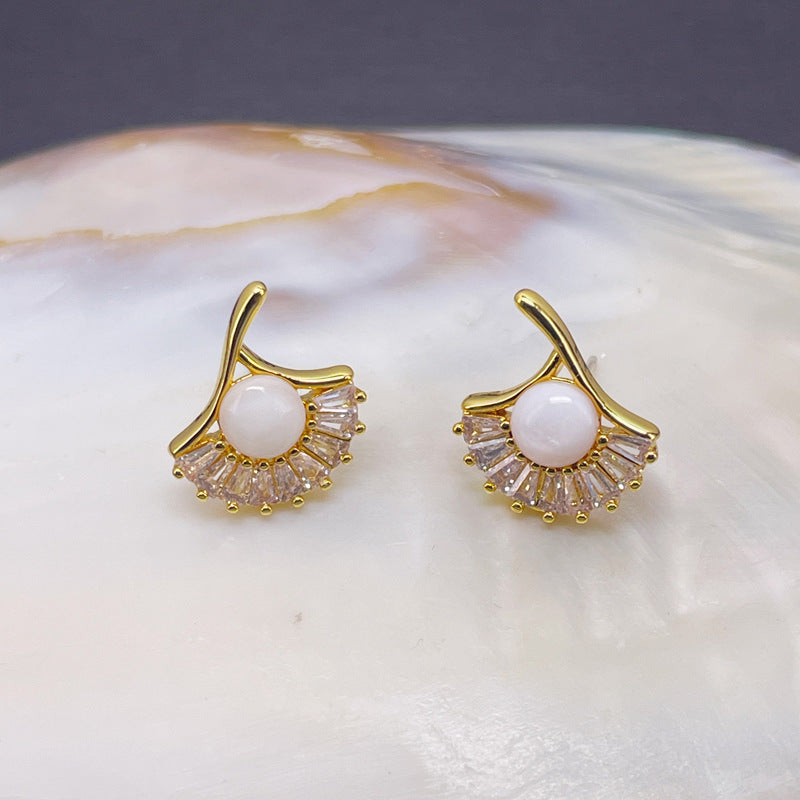 Ginkgo Leaf Shell Zircon Stud Earrings with S925 Posts