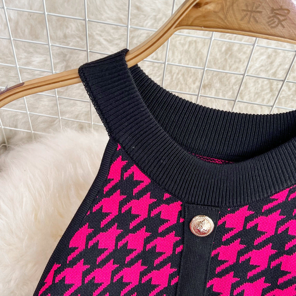 Women's Sheath Dress Elegant Round Neck Button Sleeveless Houndstooth Above Knee Daily