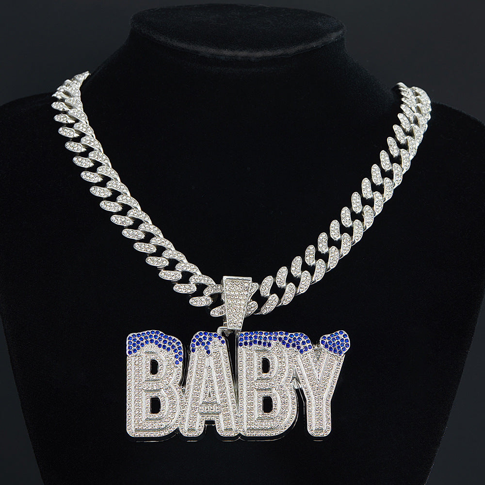 Cross-Border Hot Selling Men's Street Colorful Crystals English Letter Baby Pendant Rapper Hip Hop Cool Cuban Link Chain