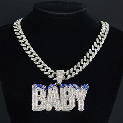 Cross-Border Hot Selling Men's Street Colorful Crystals English Letter Baby Pendant Rapper Hip Hop Cool Cuban Link Chain