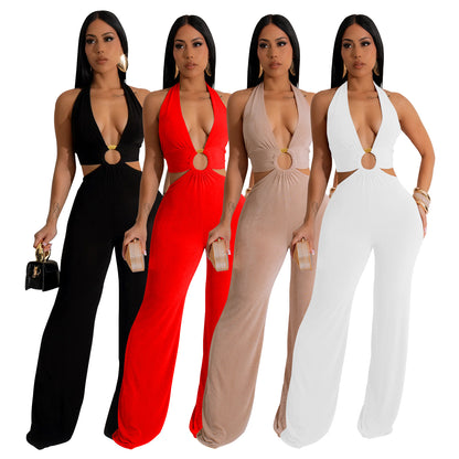 Women's Holiday Banquet Sexy Solid Color Full Length Jumpsuits