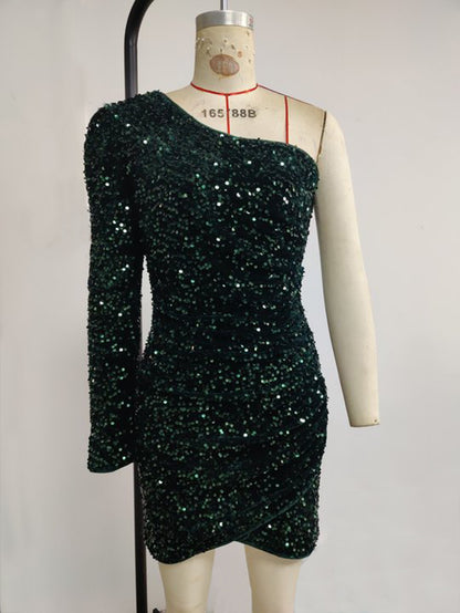 Women's Party Dress Streetwear Oblique collar Sequins Nine Points Sleeve Solid Color Above Knee Cocktail Party