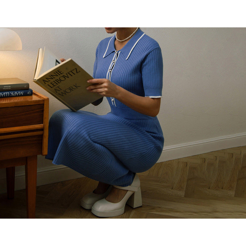 Women's Sheath Dress Elegant Turndown Short Sleeve Stripe Midi Dress Daily