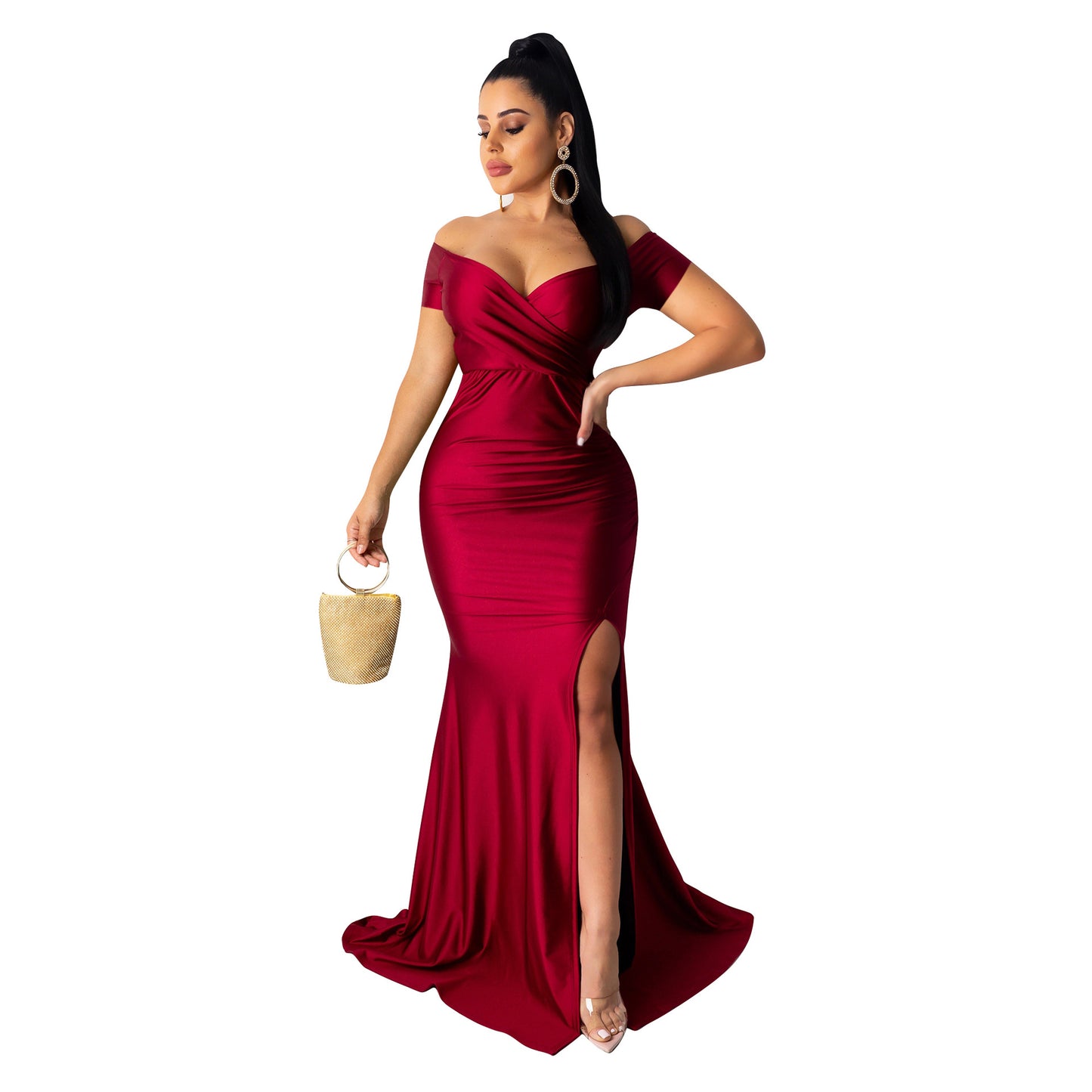 women's party dress elegant v neck short sleeve solid color maxi long dress evening party
