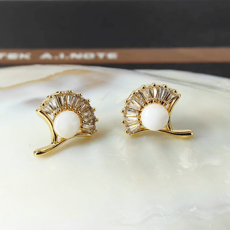 Ginkgo Leaf Shell Zircon Stud Earrings with S925 Posts