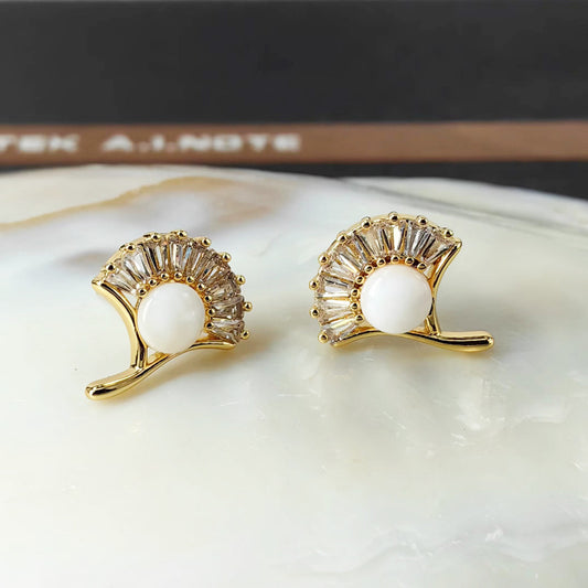 Ginkgo Leaf Shell Zircon Stud Earrings with S925 Posts