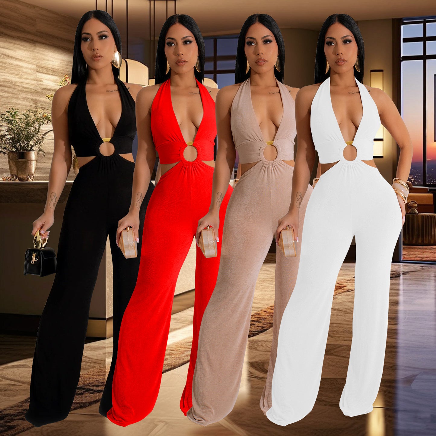 Women's Holiday Banquet Sexy Solid Color Full Length Jumpsuits