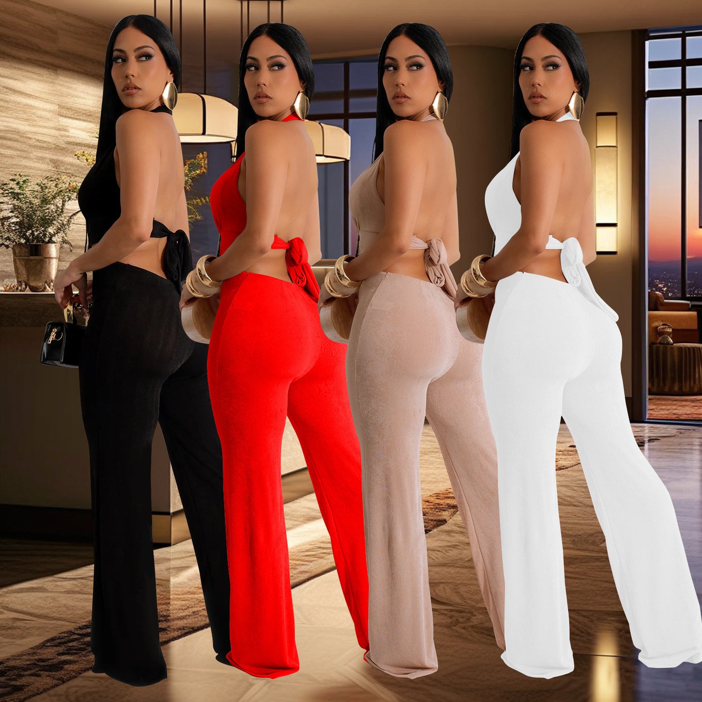 Women's Holiday Banquet Sexy Solid Color Full Length Jumpsuits
