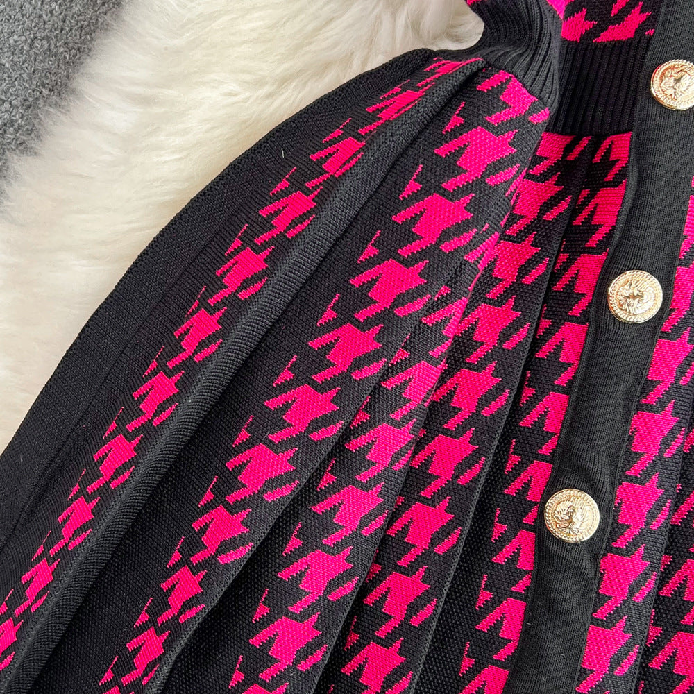 Women's Sheath Dress Elegant Round Neck Button Sleeveless Houndstooth Above Knee Daily