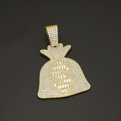 Cool Large Diamond Dollar Symbol Purse Pendant Necklace Diamond-Embedded Hip Hop Men's Cool Punk Necklace Pendant