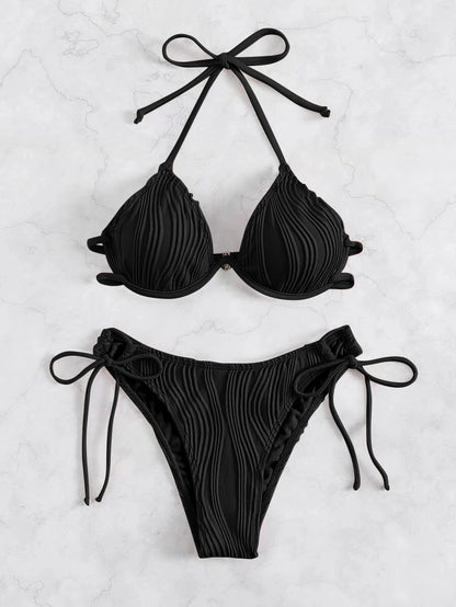 Women's Solid Color Stripe 2 Pieces Set Bikinis Swimwear