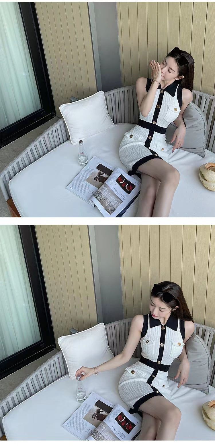 Women's Sheath Dress Elegant Turndown Contrast Binding Button Sleeveless Plaid Above Knee Daily