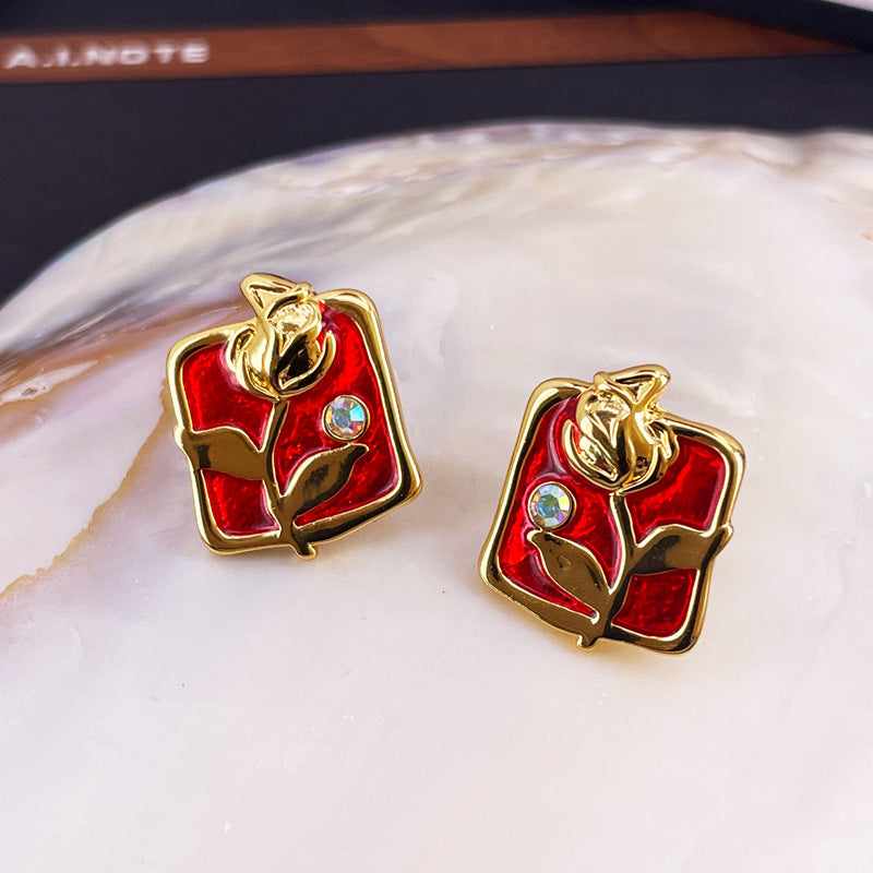 Vintage Enamel Flower Stud Earrings with S925 Posts
