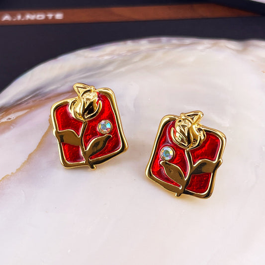 Vintage Enamel Flower Stud Earrings with S925 Posts