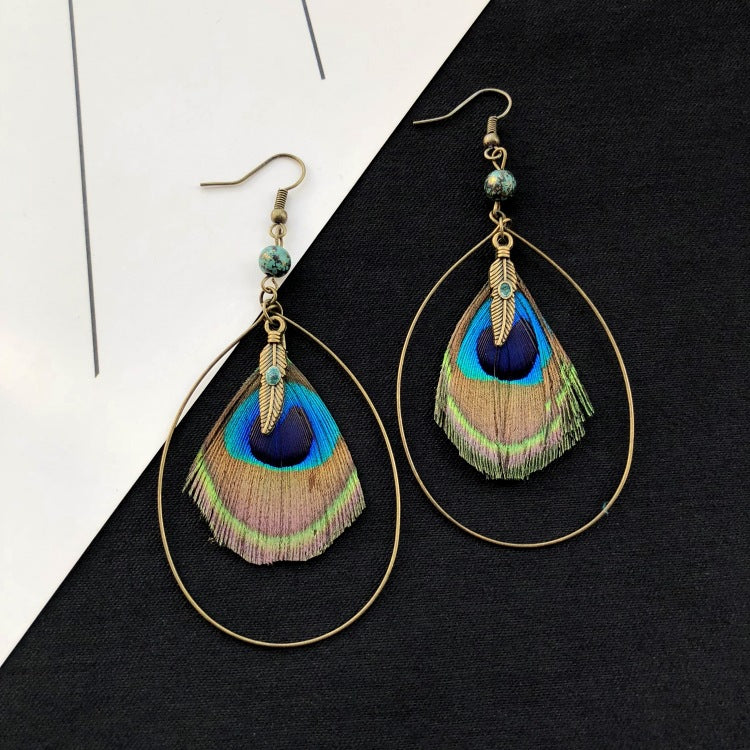 1 Pair Vintage Style Geometric Tassel Alloy Feather Drop Earrings
