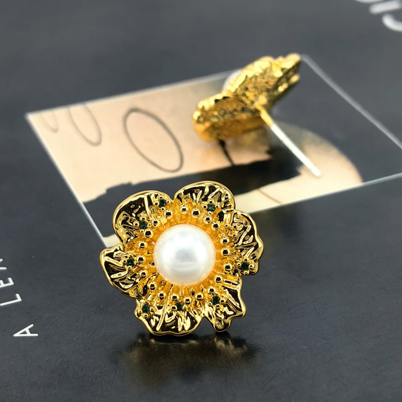Vintage Flower Pearl Stud Earrings with S925 Posts