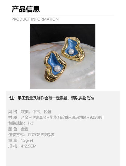 青岛饰品中古vintage珍珠耳钉珐琅釉彩耳环925银针复古时尚女耳饰