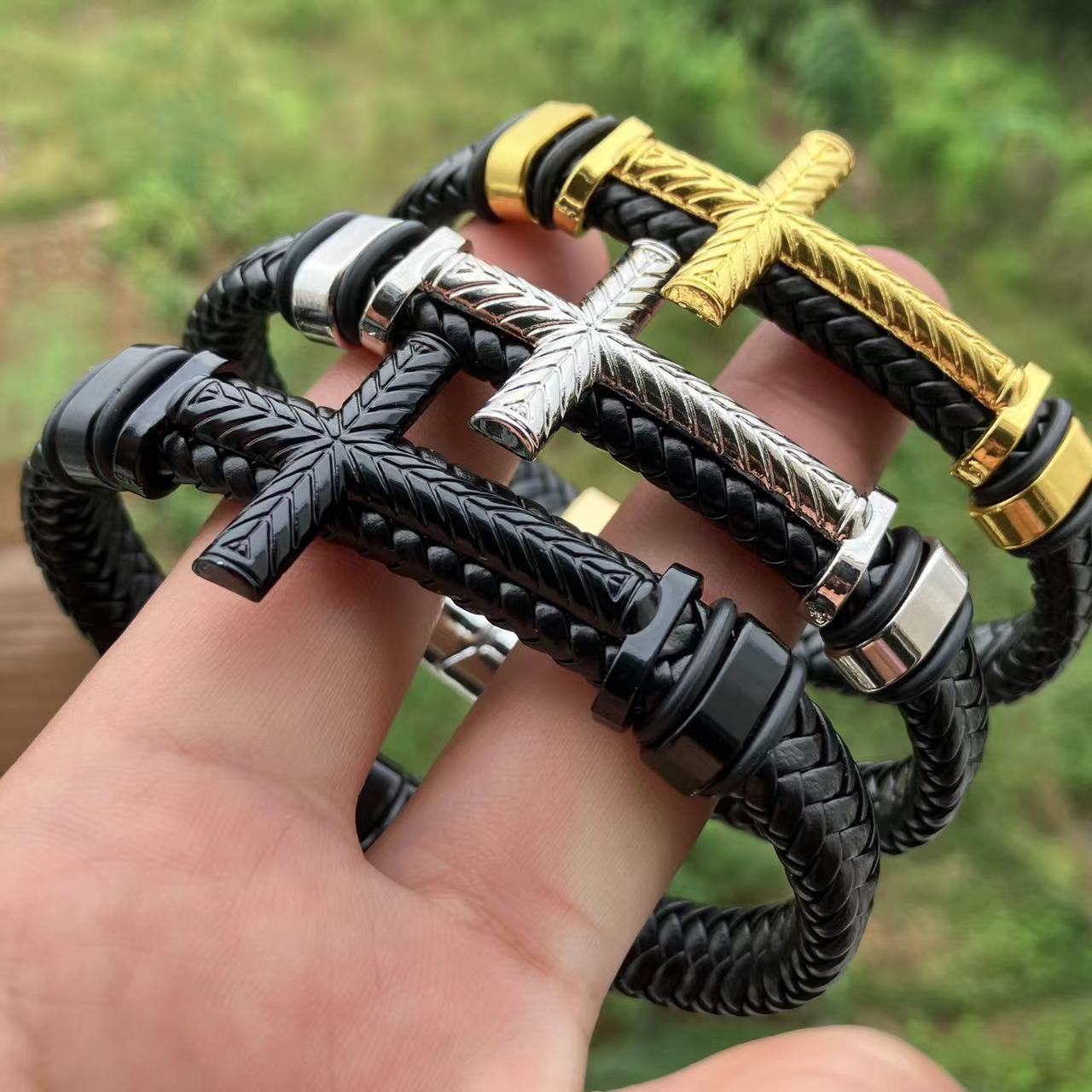 Streetwear Cross Pu Leather Woven Chain Wrap Bracelets