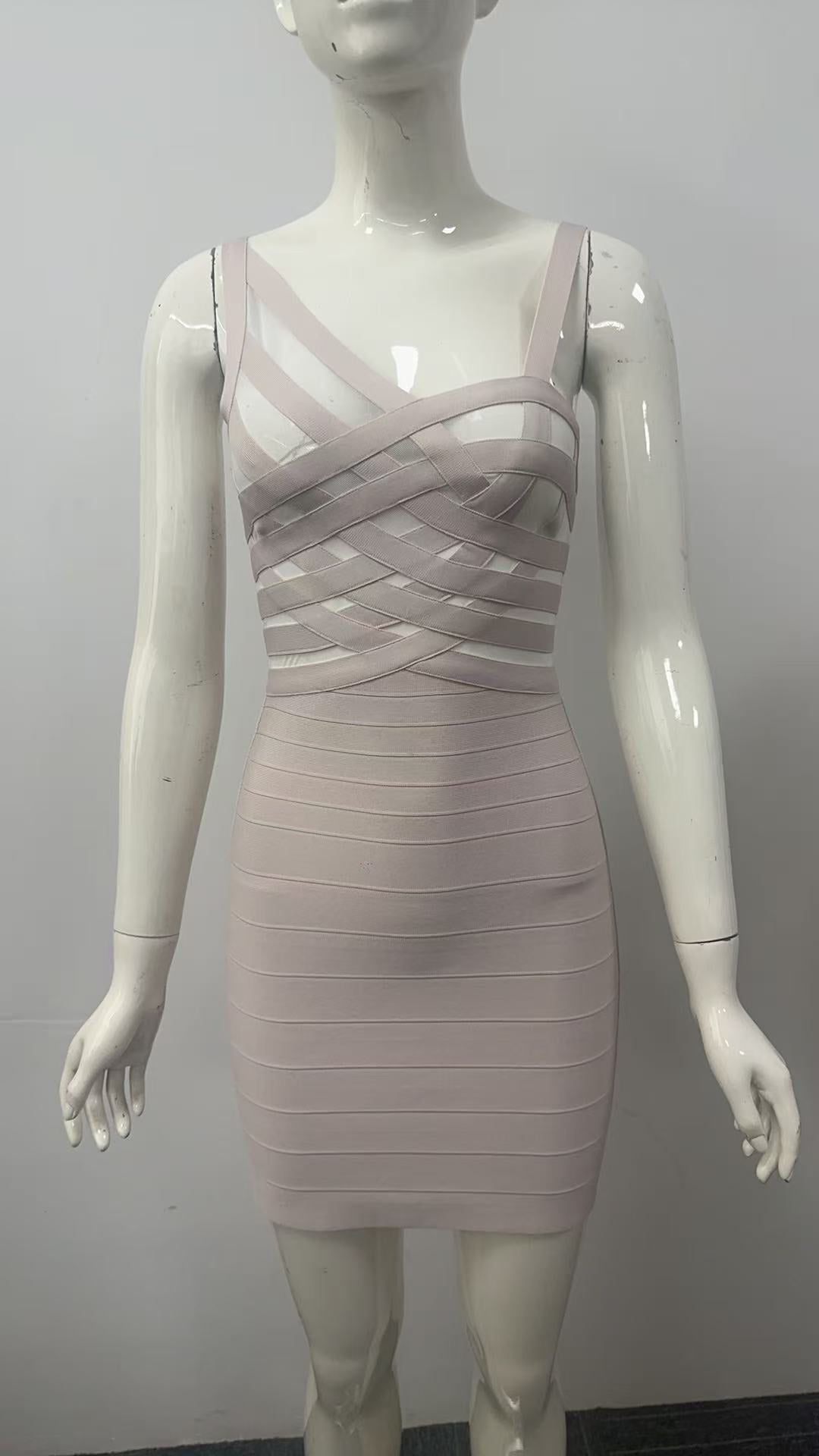 Mesh Panel Cross-Bandage Bodycon Mini Dress in Beige