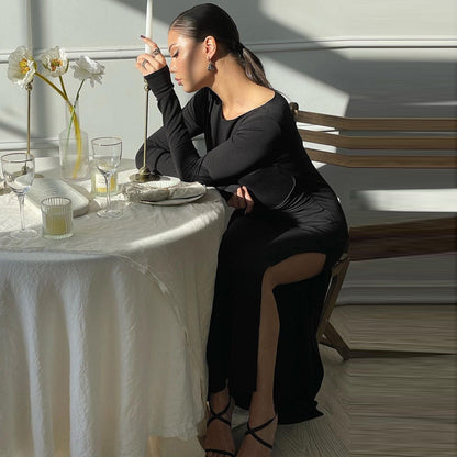 Women's Sheath Dress Elegant Round Neck Thigh Slit Long Sleeve Solid Color Maxi Long Dress Banquet Daily
