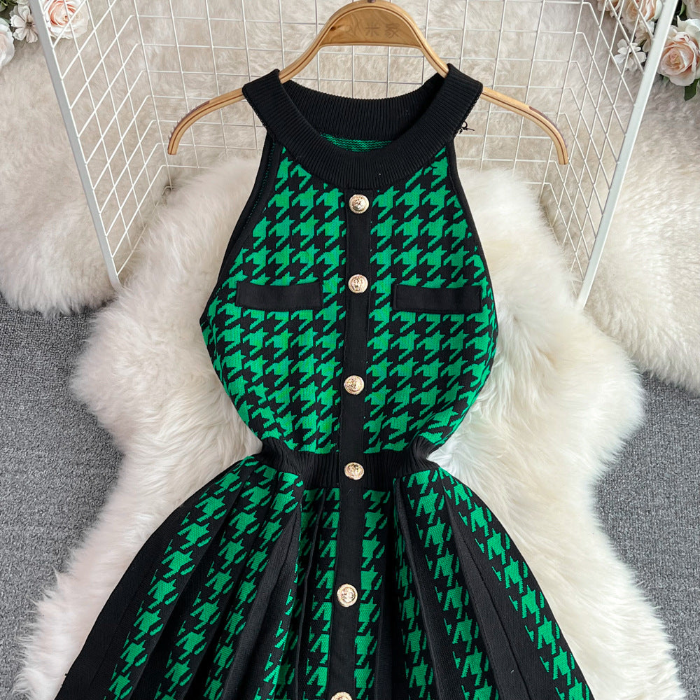 Women's Sheath Dress Elegant Round Neck Button Sleeveless Houndstooth Above Knee Daily