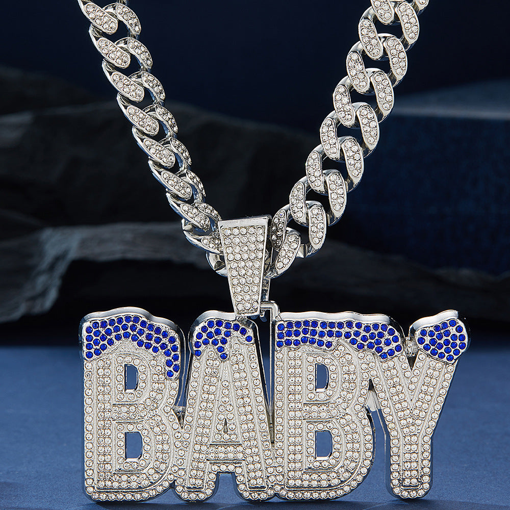Cross-Border Hot Selling Men's Street Colorful Crystals English Letter Baby Pendant Rapper Hip Hop Cool Cuban Link Chain