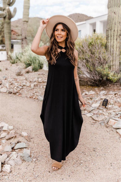 casual solid color halter neck sleeveless patchwork polyester maxi long dress irregular skirt