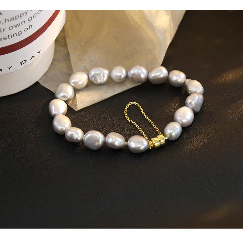 925 Sterling Silver Freshwater Pearl Beaded Chain Bracelets Casual Classic Style