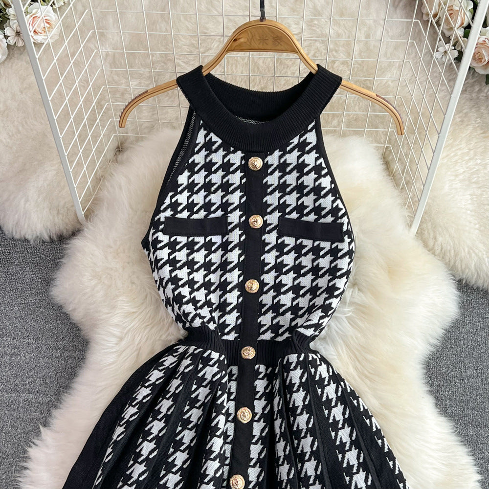 Women's Sheath Dress Elegant Round Neck Button Sleeveless Houndstooth Above Knee Daily
