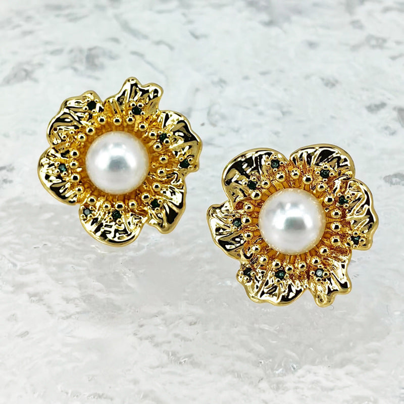 Vintage Flower Pearl Stud Earrings with S925 Posts
