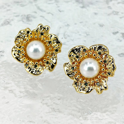 Vintage Flower Pearl Stud Earrings with S925 Posts