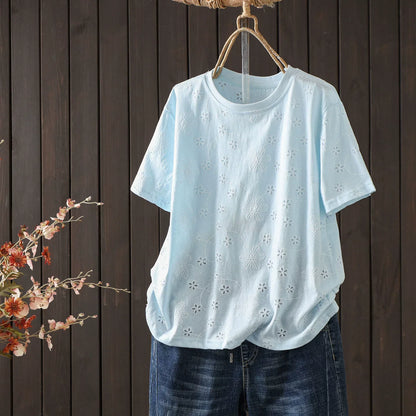 Plus Size Women Summer Embroidery Artsy Short Sleeve T-Shirt