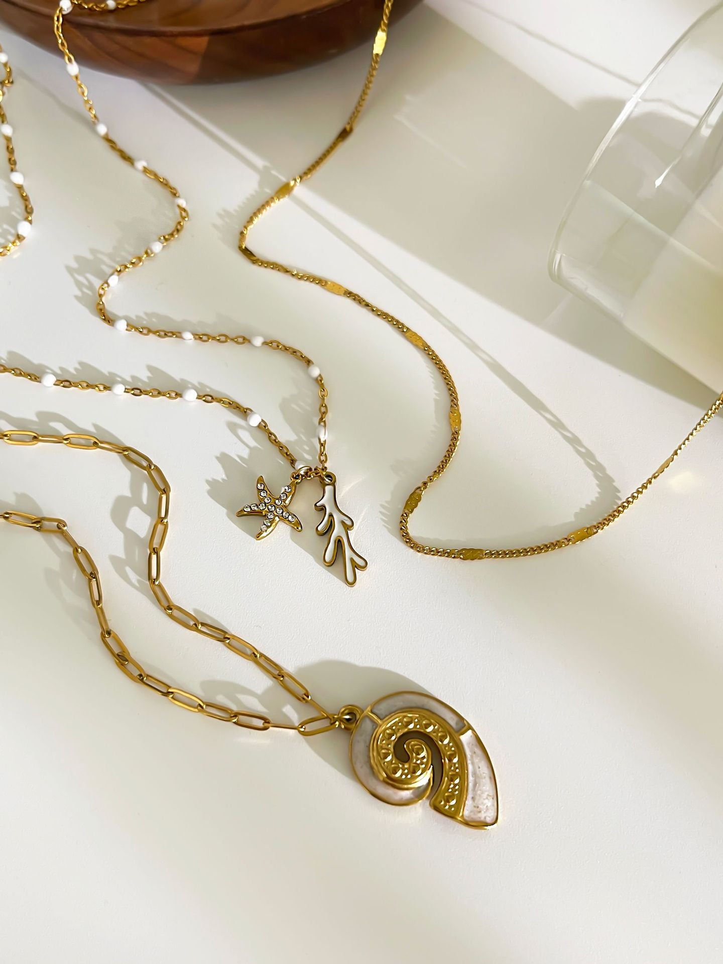 Jewelry Marine Style Beach Starfish Conch 316L Stainless Steel  18K Gold Plated Pendant Necklace