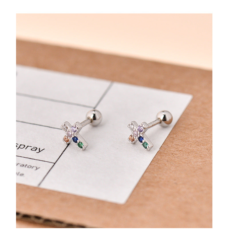1 Pair 925 Sterling Silver Zircon 925 Sterling Silver Earrings Cross Ear Studs